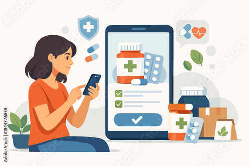 Woman Ordering Prescription Medication Online Using Smartphone App, Flat Vector Illustration of Digital Pharmacy Service with Medicine Bottles, Pills, and Healthcare Icons for Telehealth Concept.