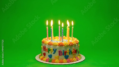 Birthday cake with lit candles on green chroma key background in colorful festive lighting for celebration