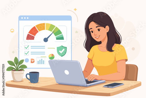 Flat vector illustration of a woman using a laptop to check her credit score online, featuring a colorful credit rating gauge, financial dashboard with charts, and a secure shield icon on desk.