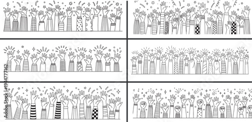 Cheering hands border set vector file, Energetic set of diverse raised hands in minimalist line art style, celebrating success and teamwork with applause and community spirit