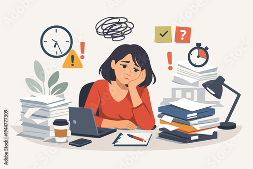 Overworked Female Office Worker Feeling Stressed and Exhausted at Desk with Stacks of Paperwork and Deadlines. Flat Vector Illustration of Burnout, Heavy Workload Pressure, and Mental Fatigue.