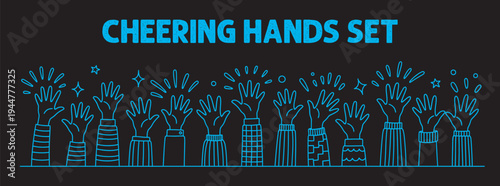 Set of cheering hands illustrations in bright blue outlines against a dark background