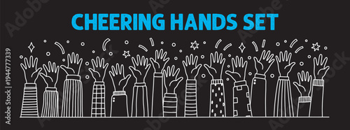 Diverse hands raised in enthusiastic celebration and applause, symbolizing support, victory, and joyful unity in a group