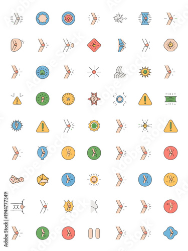 Medical icons of joint pain and knee arthritis on white background