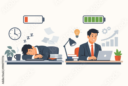 Vector Illustration of Two Businessmen at Work: One Exhausted Employee Sleeping at Desk with Low Battery Level vs a Productive Professional Working on Laptop with High Energy and Creative Ideas.