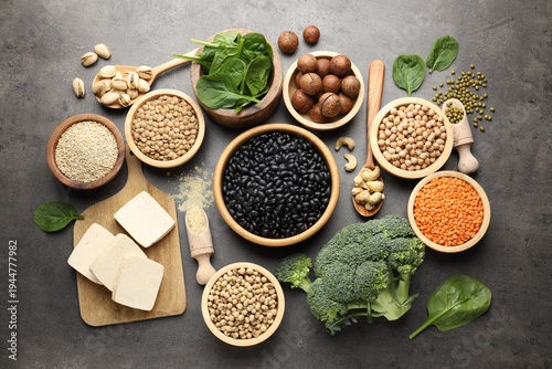 Billede på lærred Different vegetarian food products rich in protein on grey table, flat lay