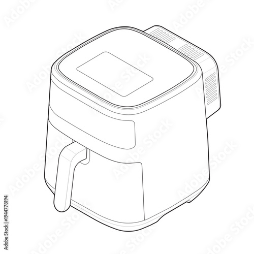 Isometric line illustration of a digital air fryer for cooking food with hot air circulation.