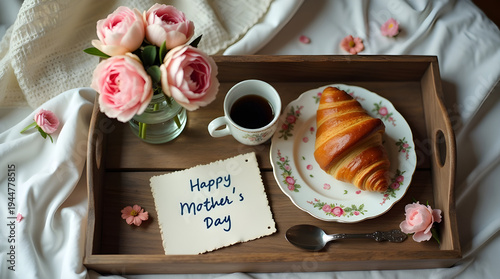 Mother's Day flat lay breakfast with pink peonies, coffee, croissant and handwritten cursive card on vintage wooden tray with white linen in soft morning light. Romantic cozy vintage mood