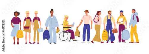 Student set. Different people in various fashionable casual clothes with bags or backpacks. Vector illustration for education.