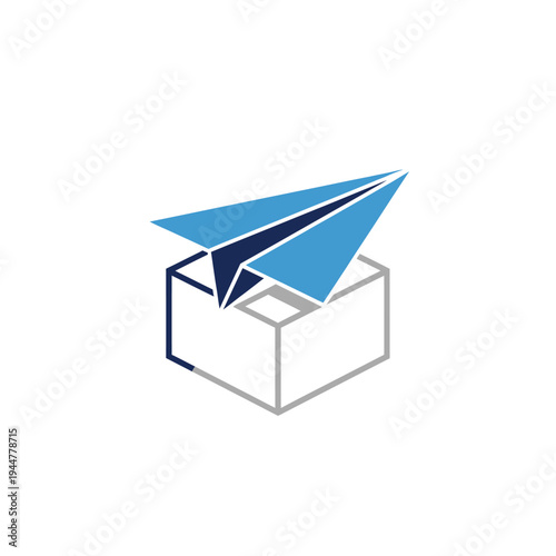 Blue paper airplane coming out box.