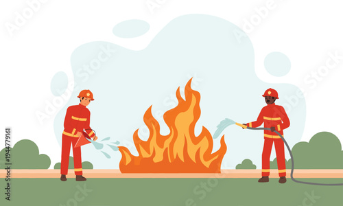 Fire in park. Danger of fire spreading in parks. Two firefighters extinguishing fire among trees and shrubs.