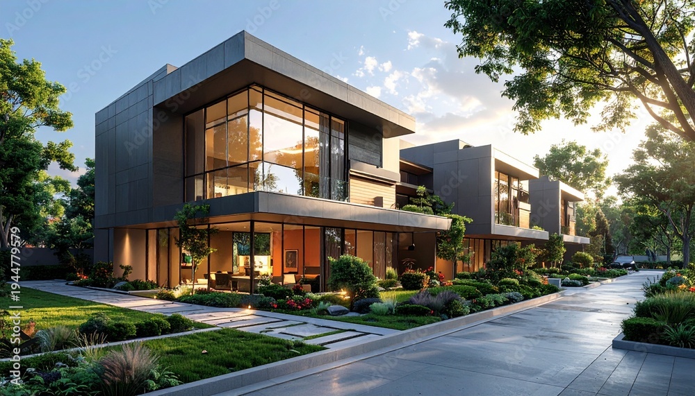 Fototapeta premium Modern Luxury Home Exterior with Lush Landscaping and Architectural Design.