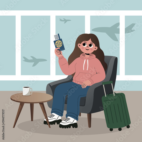 Young woman sitting in airport lounge with her passport and suitcase, waiting for flight. Vector illustration for travel and vacation concepts