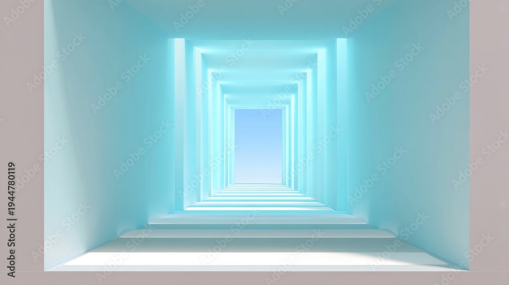 Obraz premium Abstract perspective view of a luminous corridor with soft blue light illuminating the space and open sky outside
