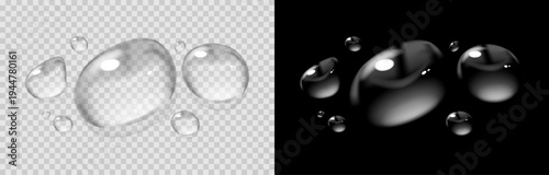 Realistic transparent water drops isolated on transparent and black background. Glossy liquid droplets with reflections and refraction. Perfect for freshness, humidity, condensation effects and design