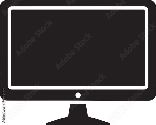 Minimalist black computer monitor with a sleek stand and empty screen silhouette vector icon