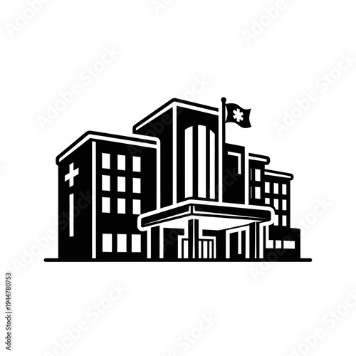 Hospital Building with Cross and Flag.