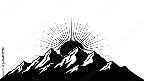 Black and White Mountain Landscape with Sun.