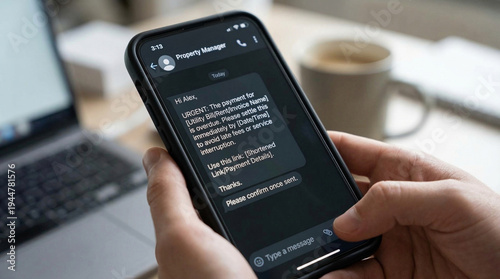 Person receiving urgent payment notification by sms on smartphone