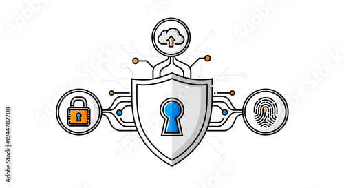 Shield with keyhole and icons.