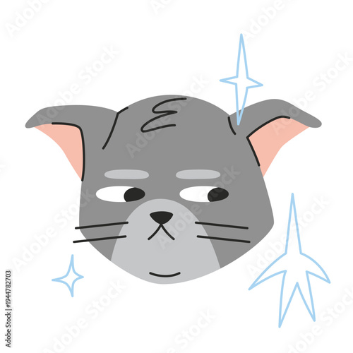Upset cat emoji with unimpressed expression and spark accents. Meme style kitten face. Trendy modern vector illustration isolated on white background, hand drawn, flat design