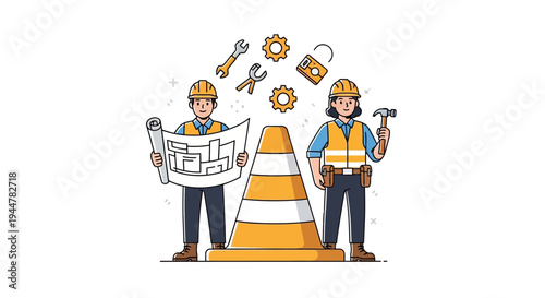 Two construction workers with tools.