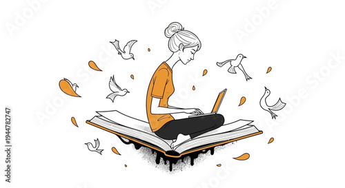 Woman sitting on book with laptop.