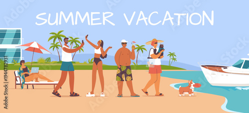 Different people resting, working remotely and relaxing  in a trendy tropical hotel resort