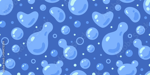 Seamless pattern with water bubbles and drops. Trendy modern vector illustration on dark blue background, hand drawn, flat design