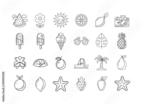 Black and white line drawings of various summer icons and objects