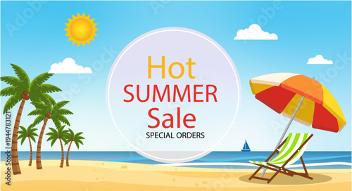 Vibrant beach scene with palm trees and colourful umbrella on sunny day