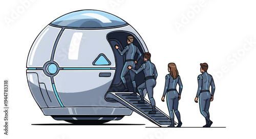 People exiting futuristic space capsule or spacecraft