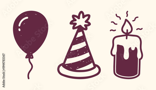 Collection of hand drawn birthday celebration icons including a balloon party hat and a burning candle