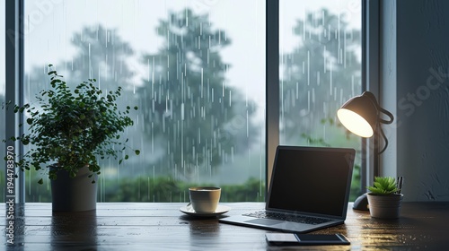 Laptop and coffee mug beside window during heavy rain outside