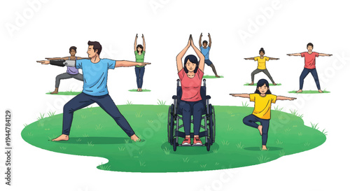 Diverse people practicing yoga outdoors on green grass