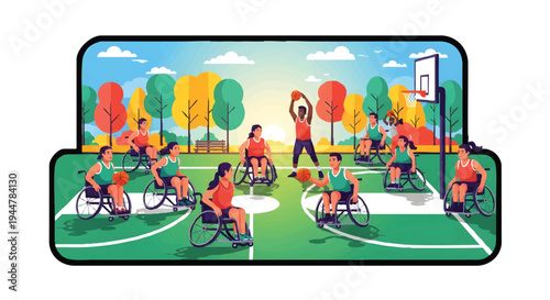 People with disabilities playing wheelchair basketball on outdoor court