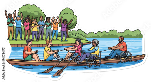 Diverse group of people rowing a boat on a river with spectators