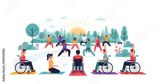 Diverse people with disabilities exercising outdoors in park