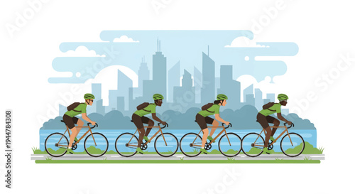 cyclists riding bicycles in cityscape illustration