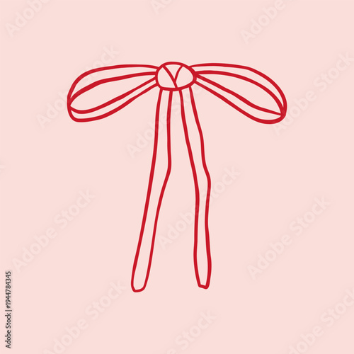 Vector illustration of minimal skinny ribbon bow in coquette aesthetic. Whimsical charming delicate bow for feminine branding, packaging, stationery, logo, sticker and romantic holiday design.