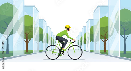 man riding bicycle on city street with trees and buildings