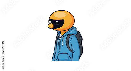 A vibrant cartoon character wearing a blue hoodie and backpack with a black mask over its eyes, conveying a youthful and trendy vibe against a clean white background