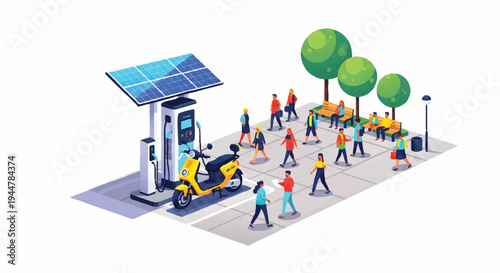 Solar powered electric vehicle charging station with people walking around