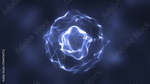 Fotografie Abstract blue energy round sphere glowing with particle waves hi-tech digital ma