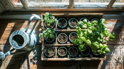 Herb seedlings thriving near watering can on sunlit windowsill