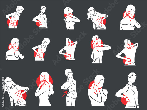 Back Neck and Shoulder Pain Symptoms Illustration Set