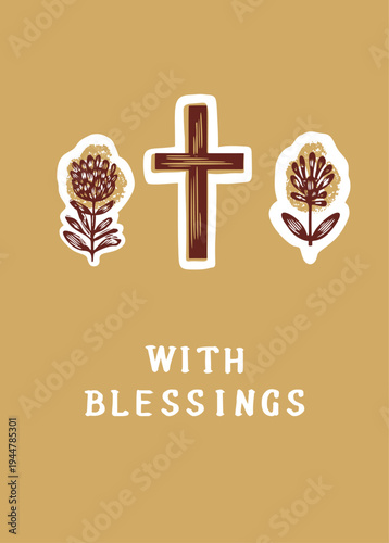 Hand drawn religious christian floral cross and holy spirit greetings card. Isolated flat vector motif for printable sentiment, postcard and church bulleting for easter holy week. Faith and peace