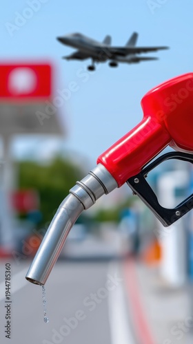Red fuel nozzle dripping with jet in background at gas station