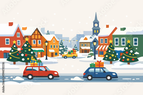 Flat Vector Illustration of a Festive Winter Old Town Street During Christmas and New Year with Snow Covered Houses, Decorated Pine Trees, and Cars Carrying Colorful Gift Boxes on their Roofs.