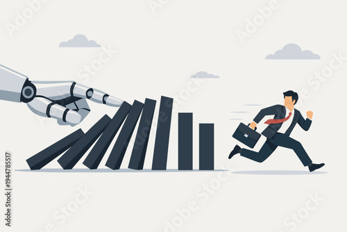 Robot hand pushing dominoes causing a chain reaction while a businessman runs away, symbolizing artificial intelligence disruption, automation impact on jobs, and technological displacement risk.